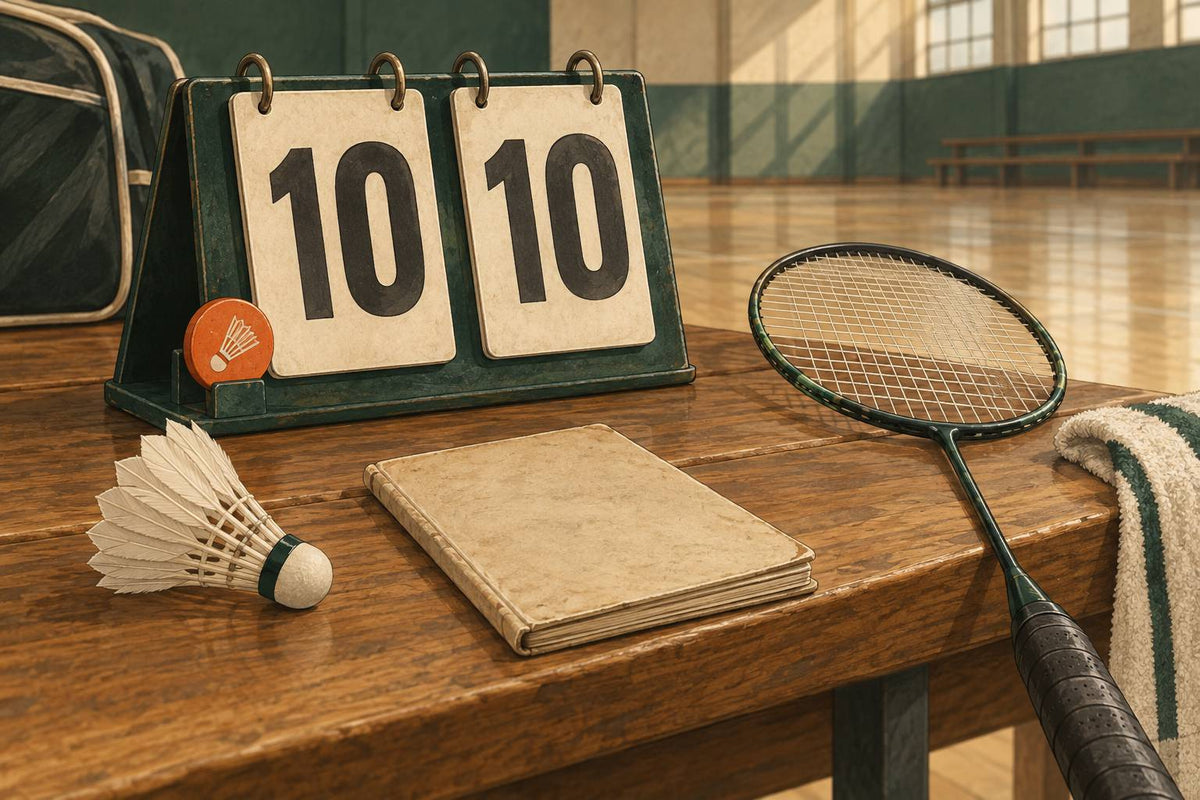 Illustration d’un score de badminton à 10-10, avec repère de service orange et livret de règles sobre.