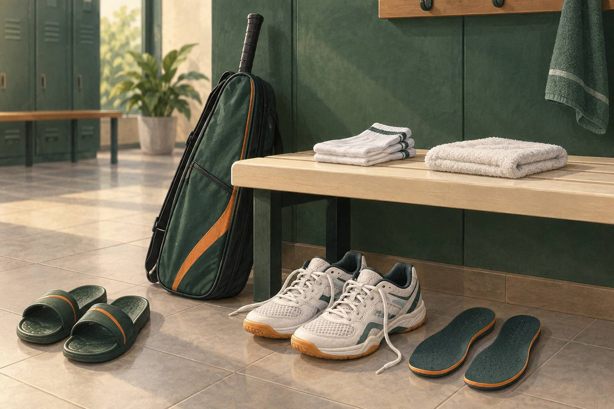 Dry socks, a separate foot towel, aired court shoes and shower sandals support a practical post-session routine.