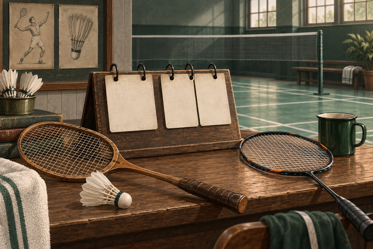 Old and modern badminton equipment frame the change from service scoring to rally scoring.