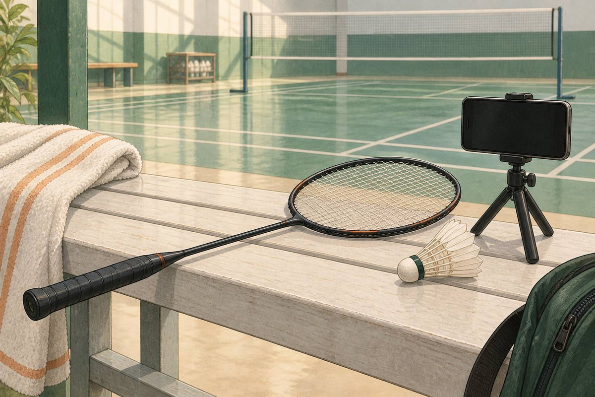 Editorial still life of badminton equipment beside a phone tripod for technique review.