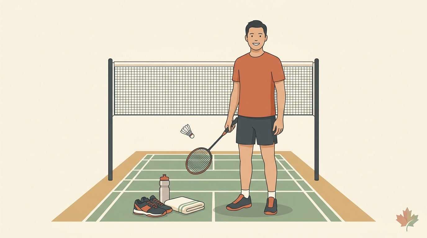 Adult beginner badminton players on a bright indoor Canadian community-centre court.