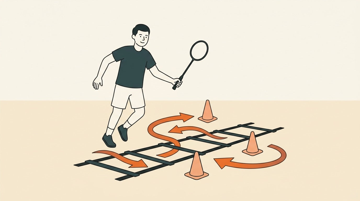 Illustrated badminton player doing agility ladder footwork beside cone drills on an indoor court