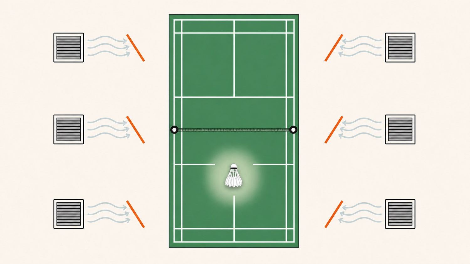 Flat vector banner of a badminton court with a shuttlecock and stopped airflow from ceiling vents