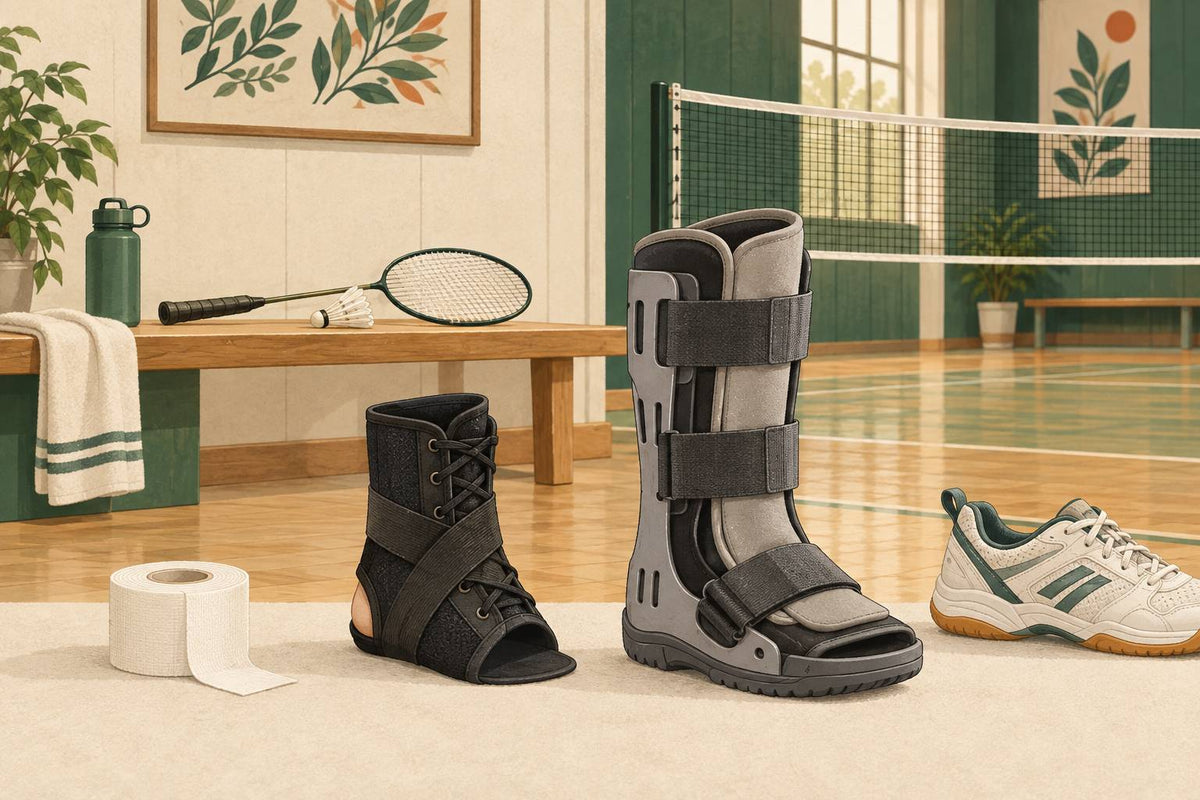 Tape, a lace-up brace and a rigid walking boot show the distinct support types compared in the article.