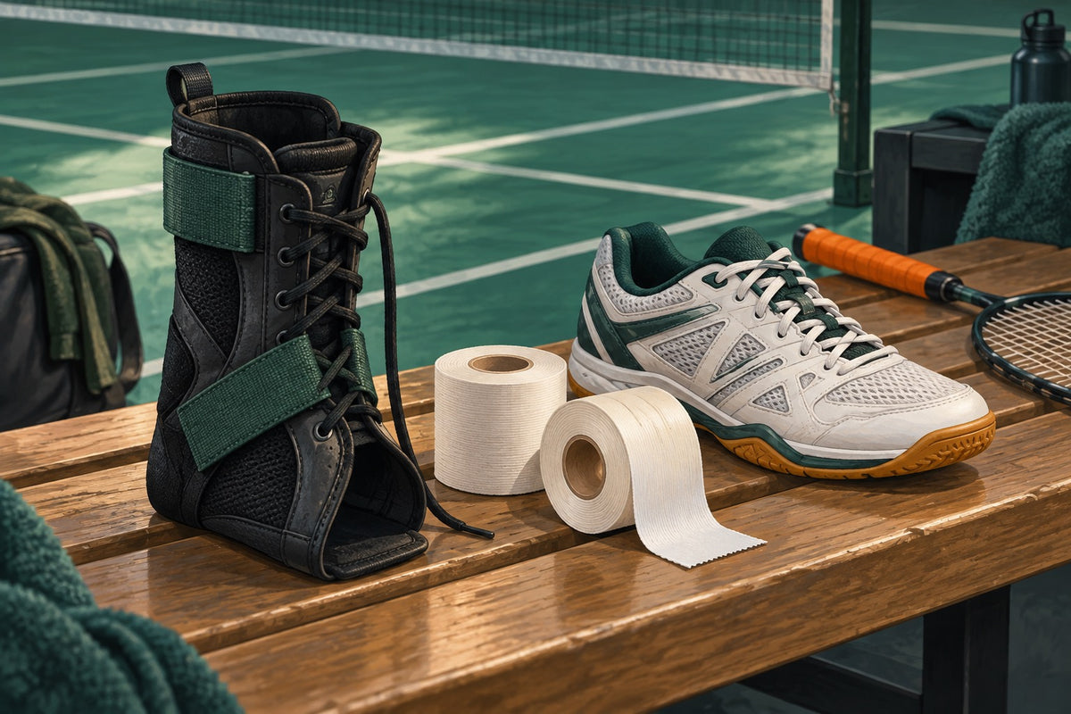 Editorial still life of an ankle brace, rigid athletic tape and badminton shoe.