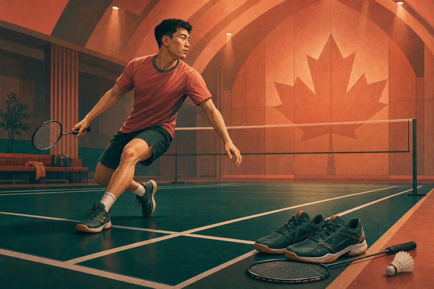 Illustration of a badminton player landing safely on an indoor court with court shoes nearby