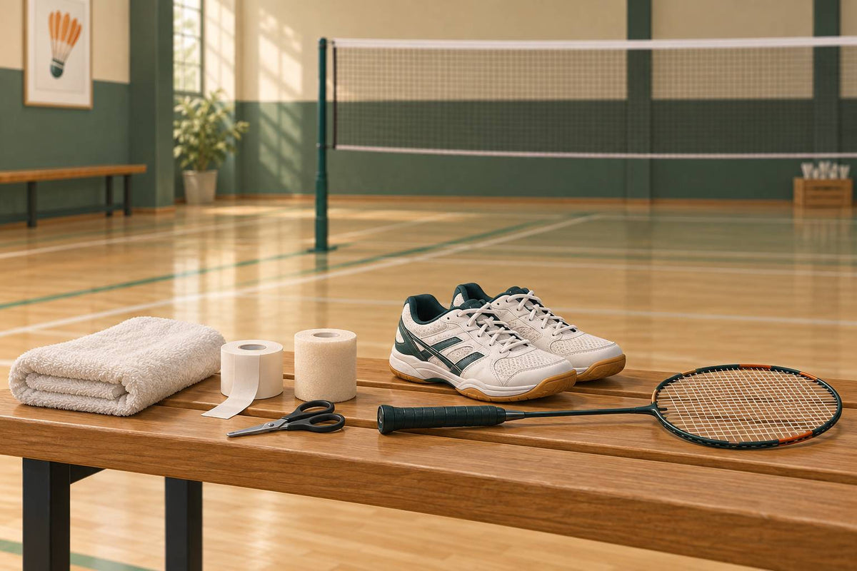 Ruban sportif rigide, sous-bandage et ciseaux à bouts ronds forment un nécessaire simple de bandage de cheville.