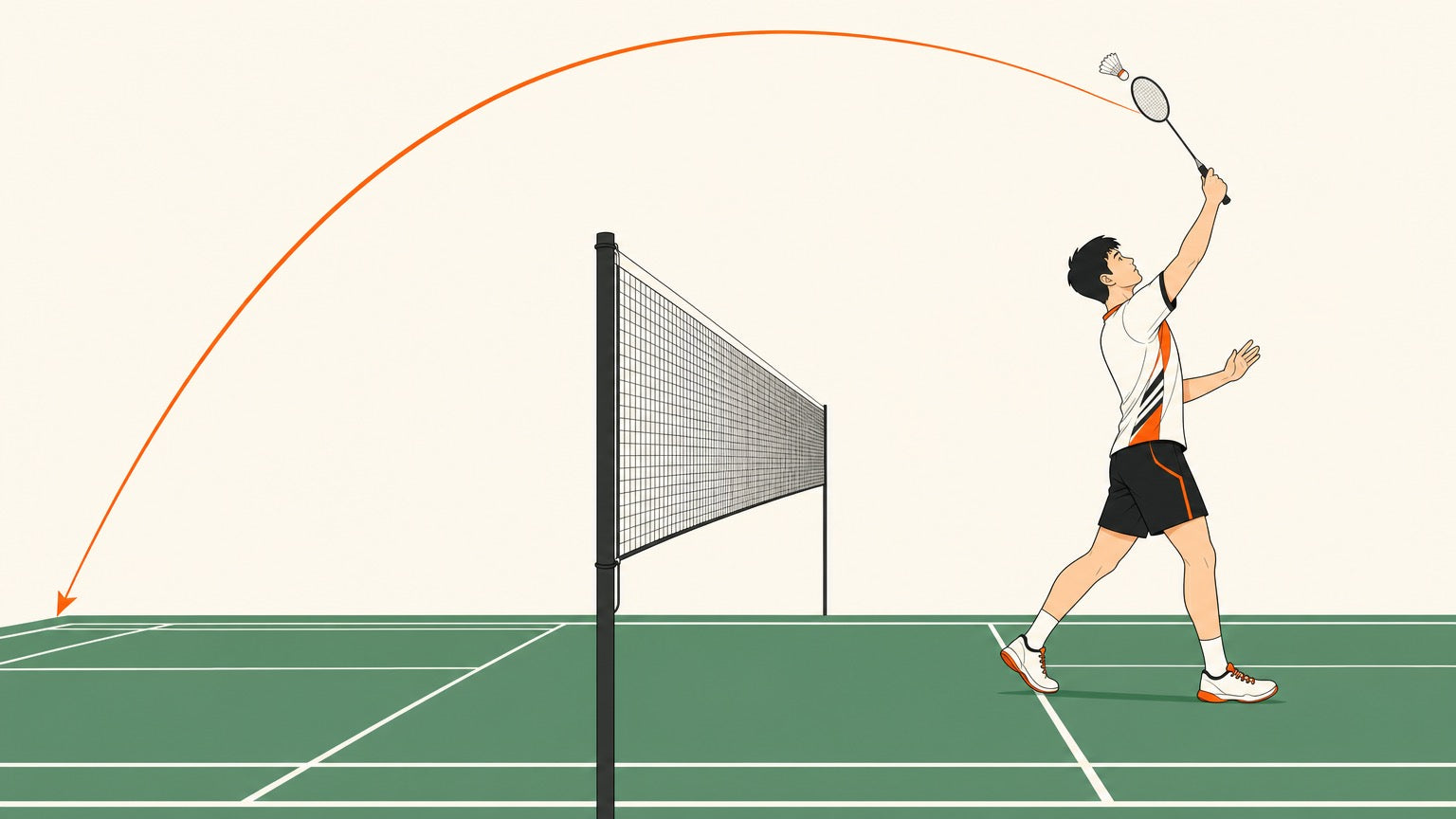 Illustration of a badminton player preparing a rear-court backhand clear with the back turned toward the net.