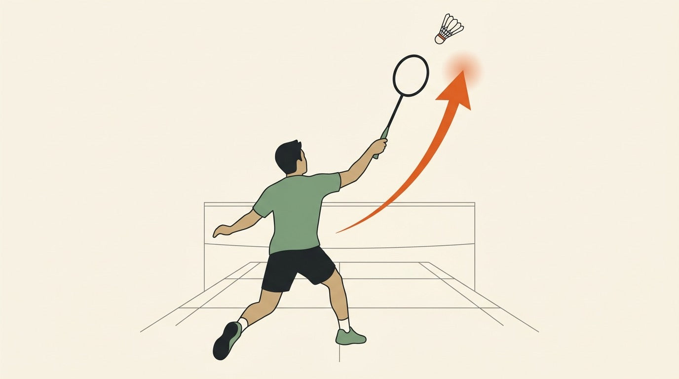 Illustration of a badminton player preparing a rear-court backhand clear with the back turned toward the net.