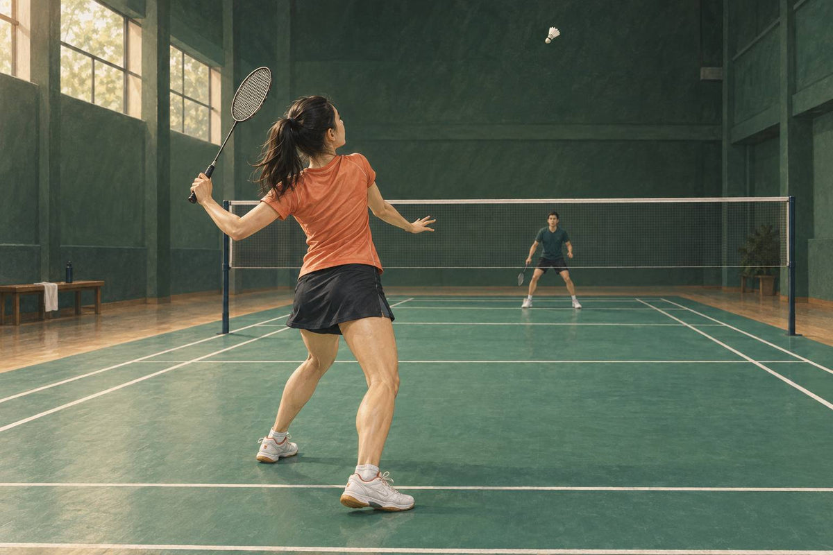 A player prepares a rear-court backhand drop with room around the arm and an opponent who has stayed away from the net.