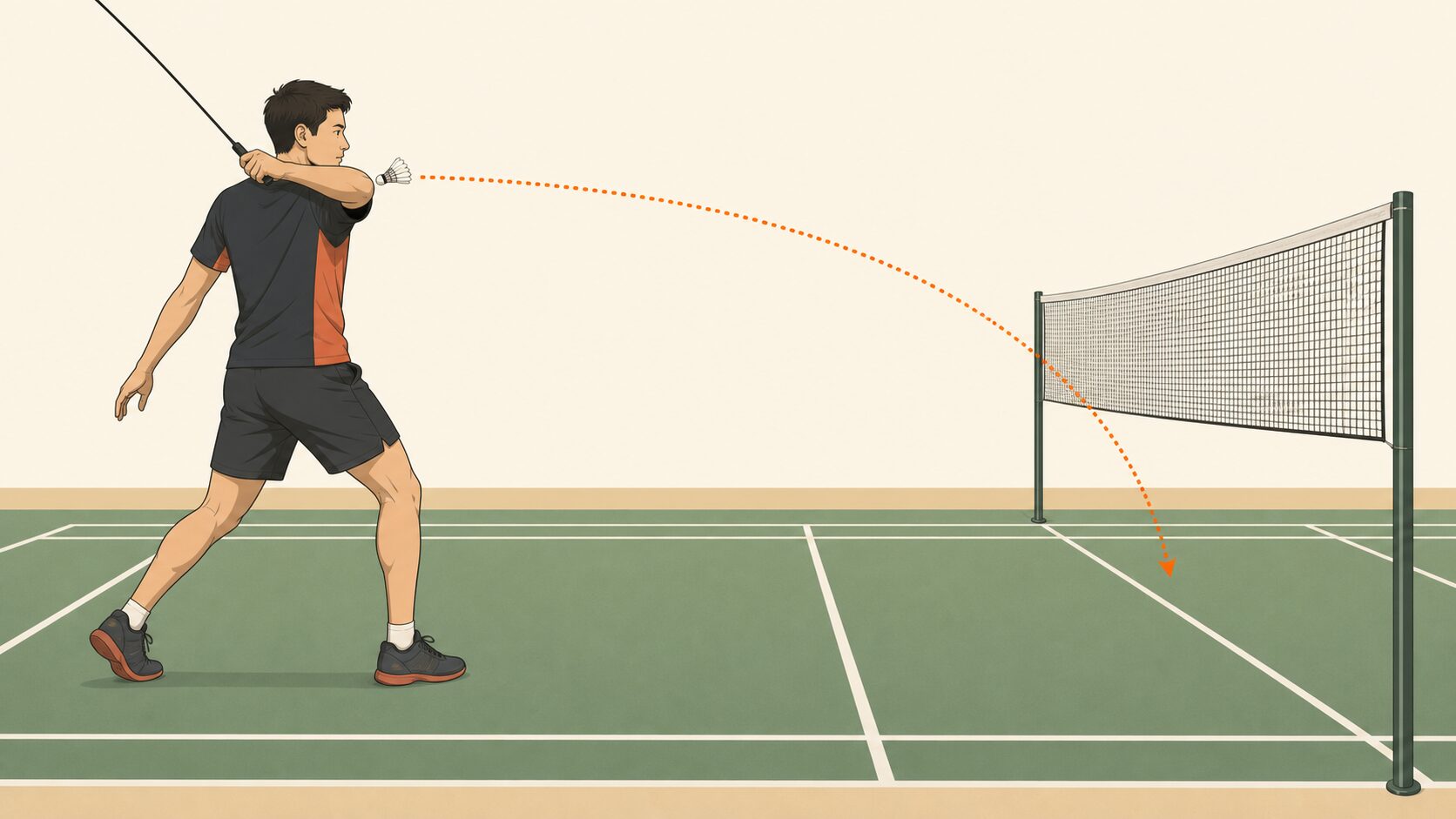 Illustration éditoriale plate d’une personne droitière frappant un amorti de revers depuis le fond du terrain au-dessus d’un filet de badminton intérieur.