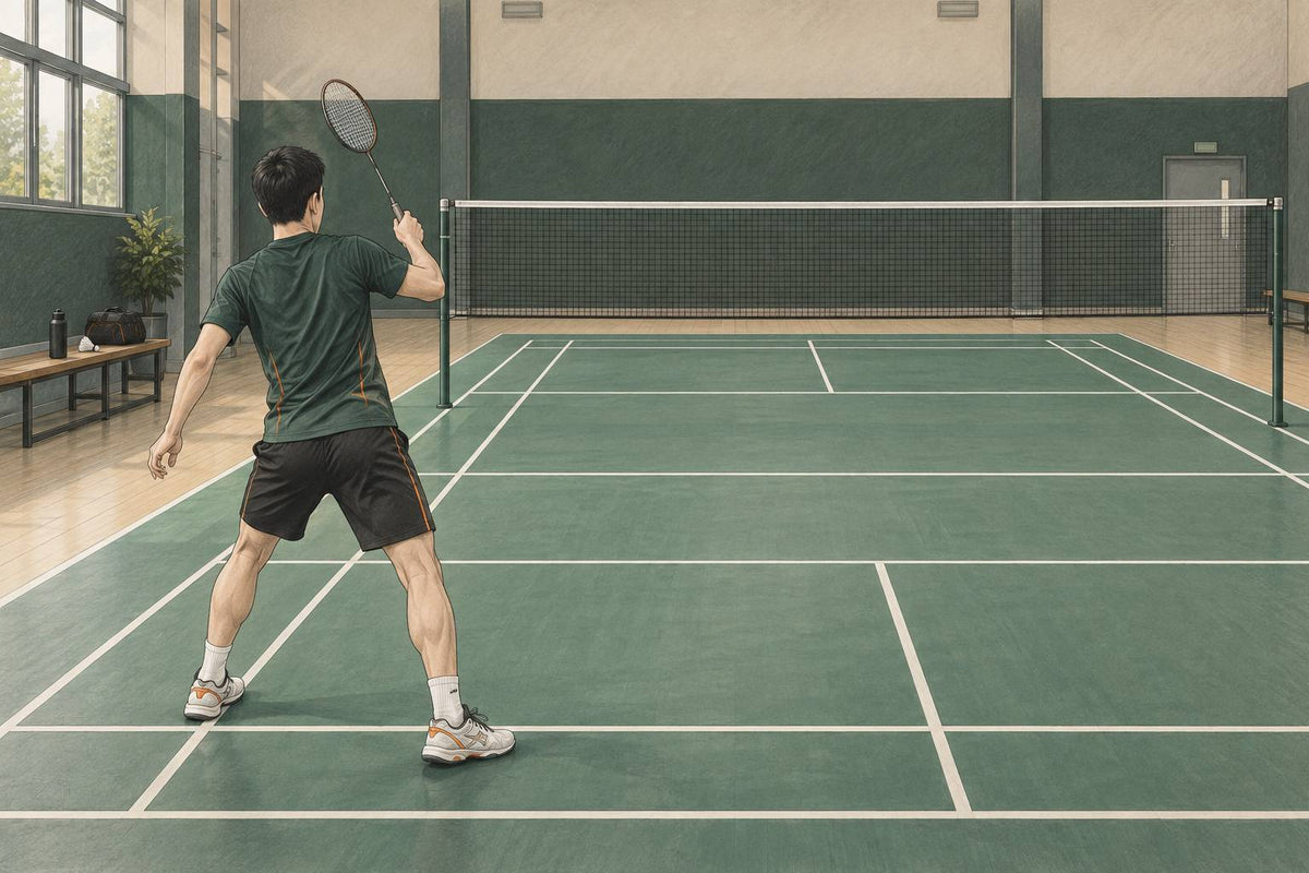Editorial illustration of a right-handed badminton learner paused before a rear-court backhand action.