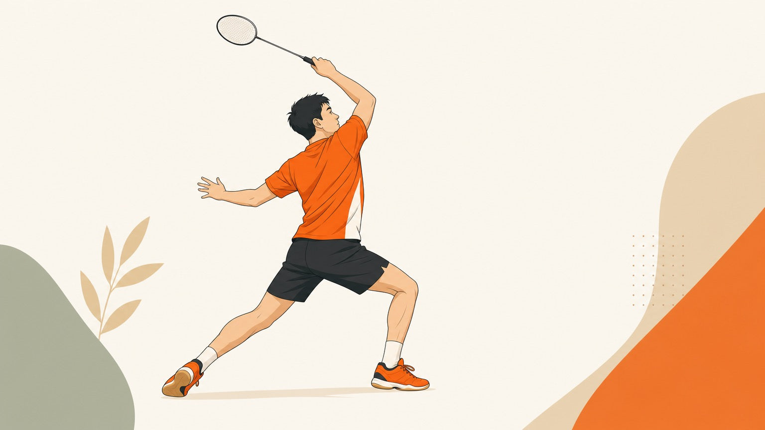 Flat vector illustration of a badminton player in a balanced backhand rear-corner movement pose on an abstract background.