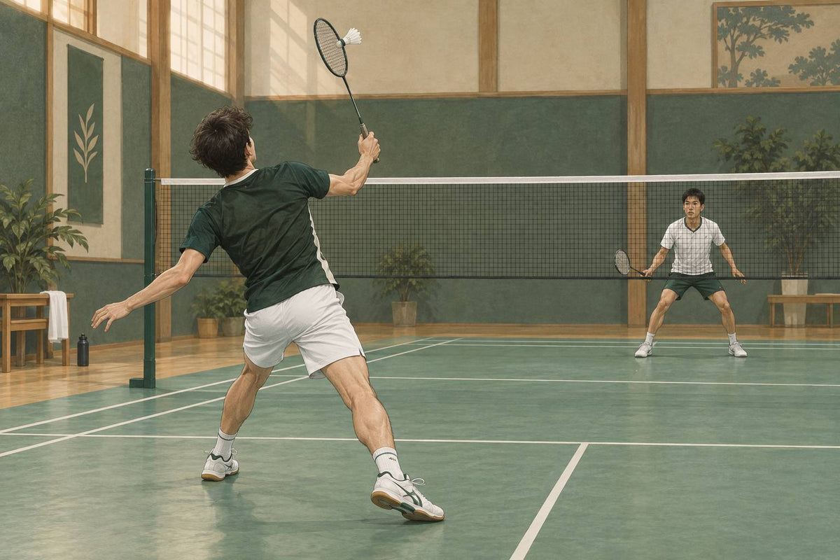 A player reaches the backhand corner early enough to contact the shuttle high with a compact backhand action.