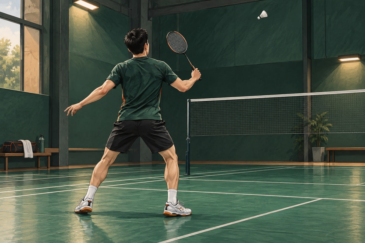 A balanced player prepares for an overhead backhand while judging the incoming shuttle.