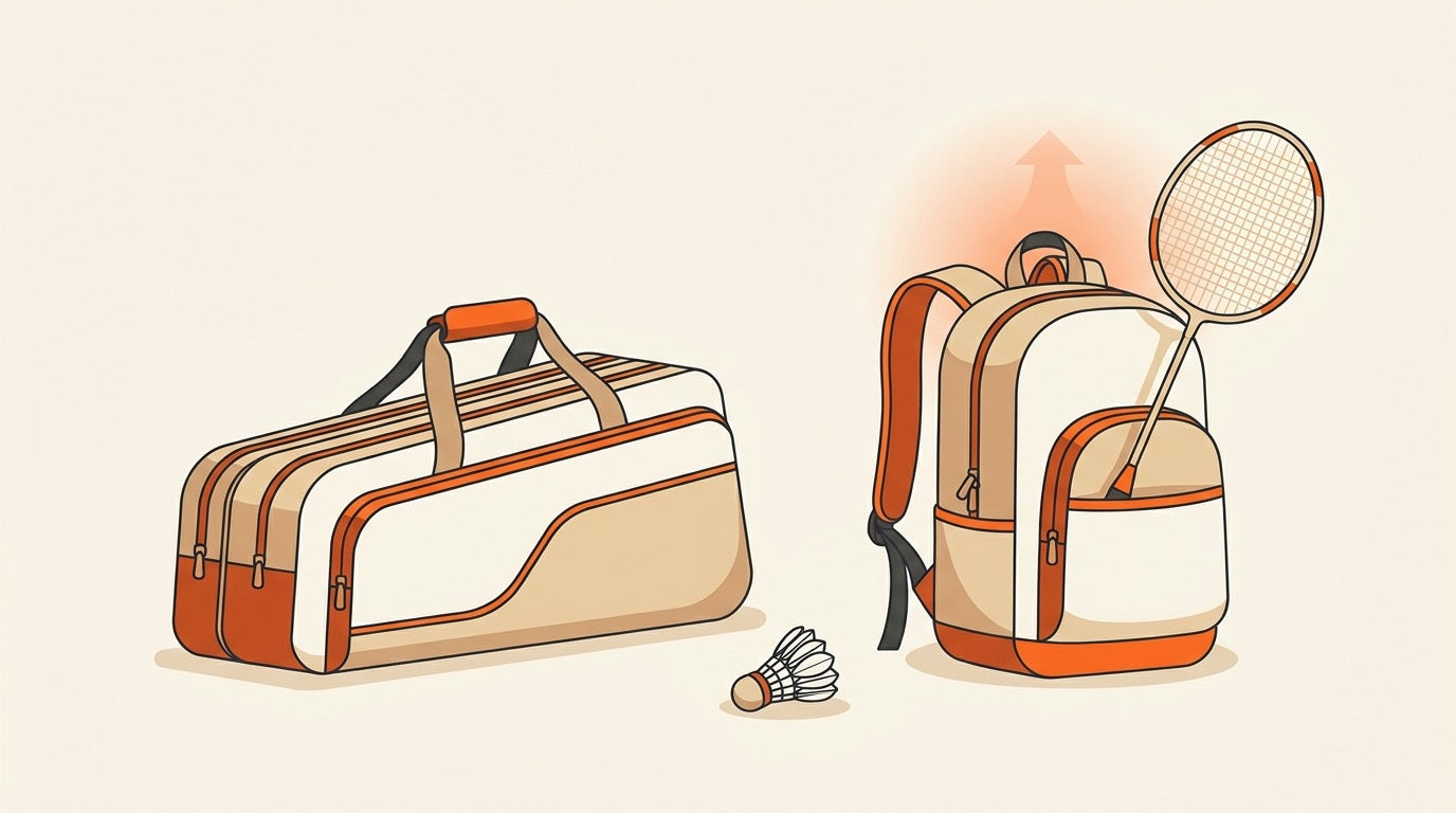 Illustration of badminton racket bags, a backpack, and a tournament bag on an indoor Canadian badminton court