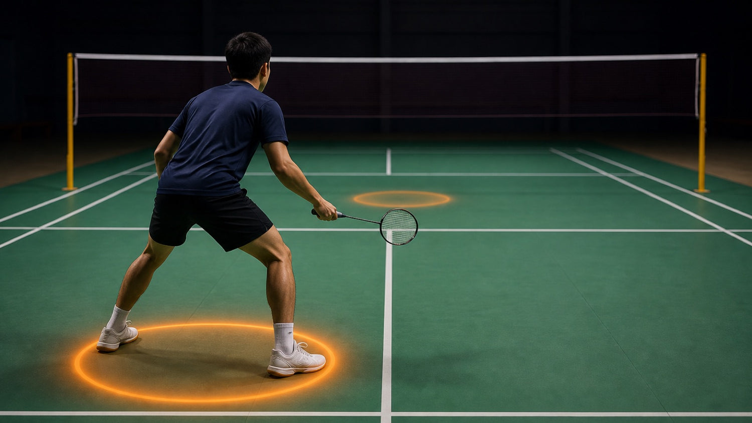 Personne qui joue au badminton revenant vers une position de base décentrée sur un terrain intérieur de simple, orientée vers le côté de son dernier coup.