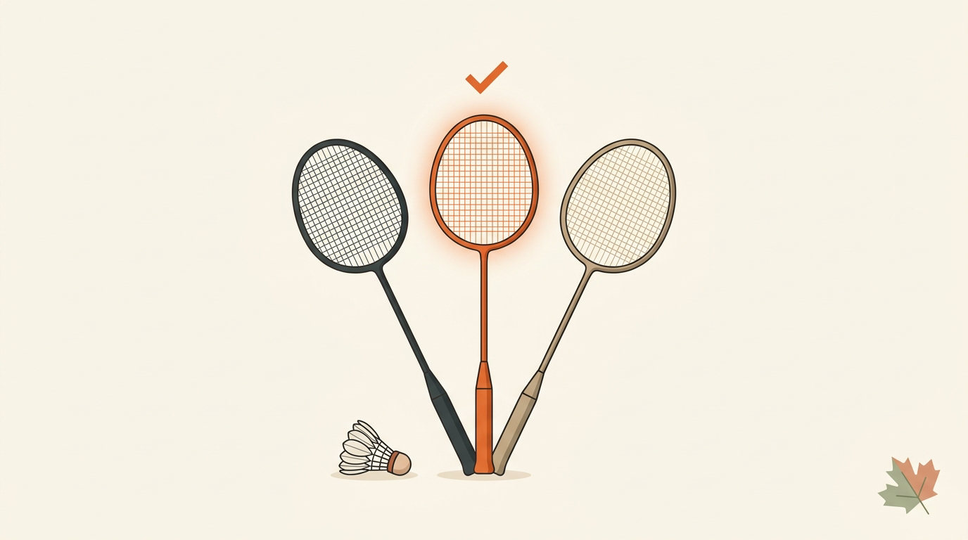 Beginner badminton player comparing several rackets on an indoor court.