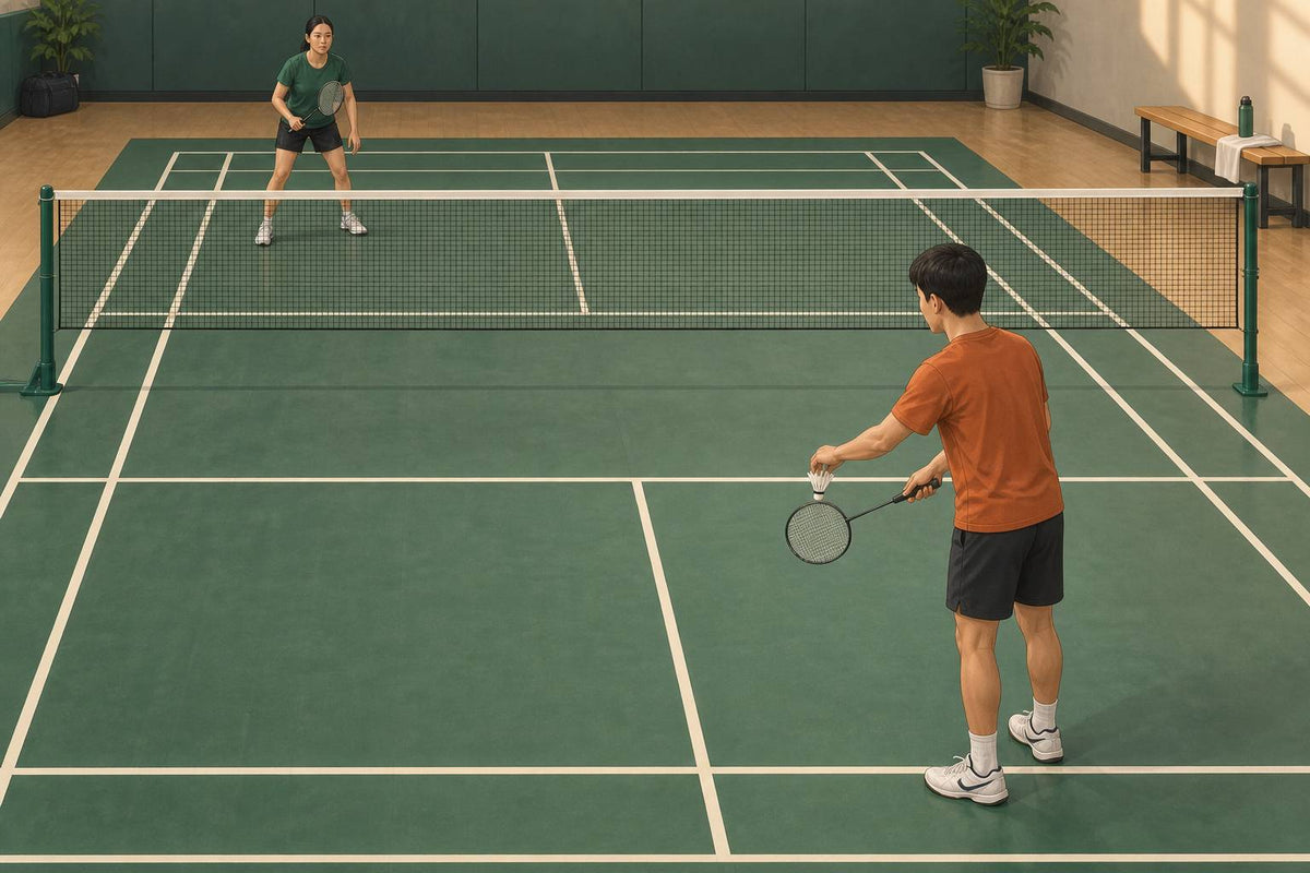A beginner server and receiver prepare in diagonally opposite right service courts at the start of a singles game.
