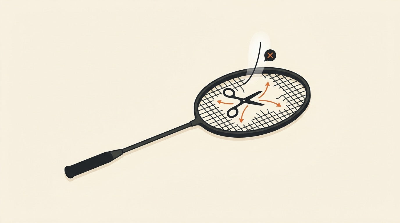 Illustration of a badminton player calmly dealing with a broken racket string on an indoor court