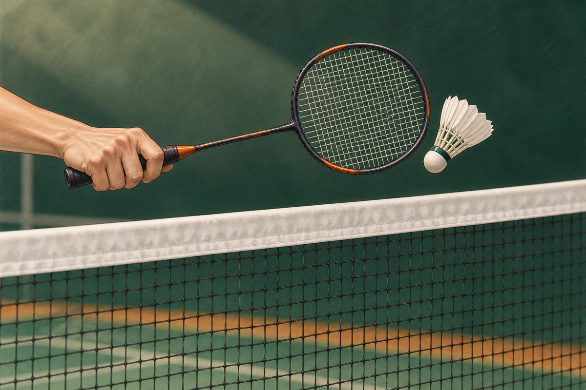 A close view places the racket beside a shuttle just above the net tape.