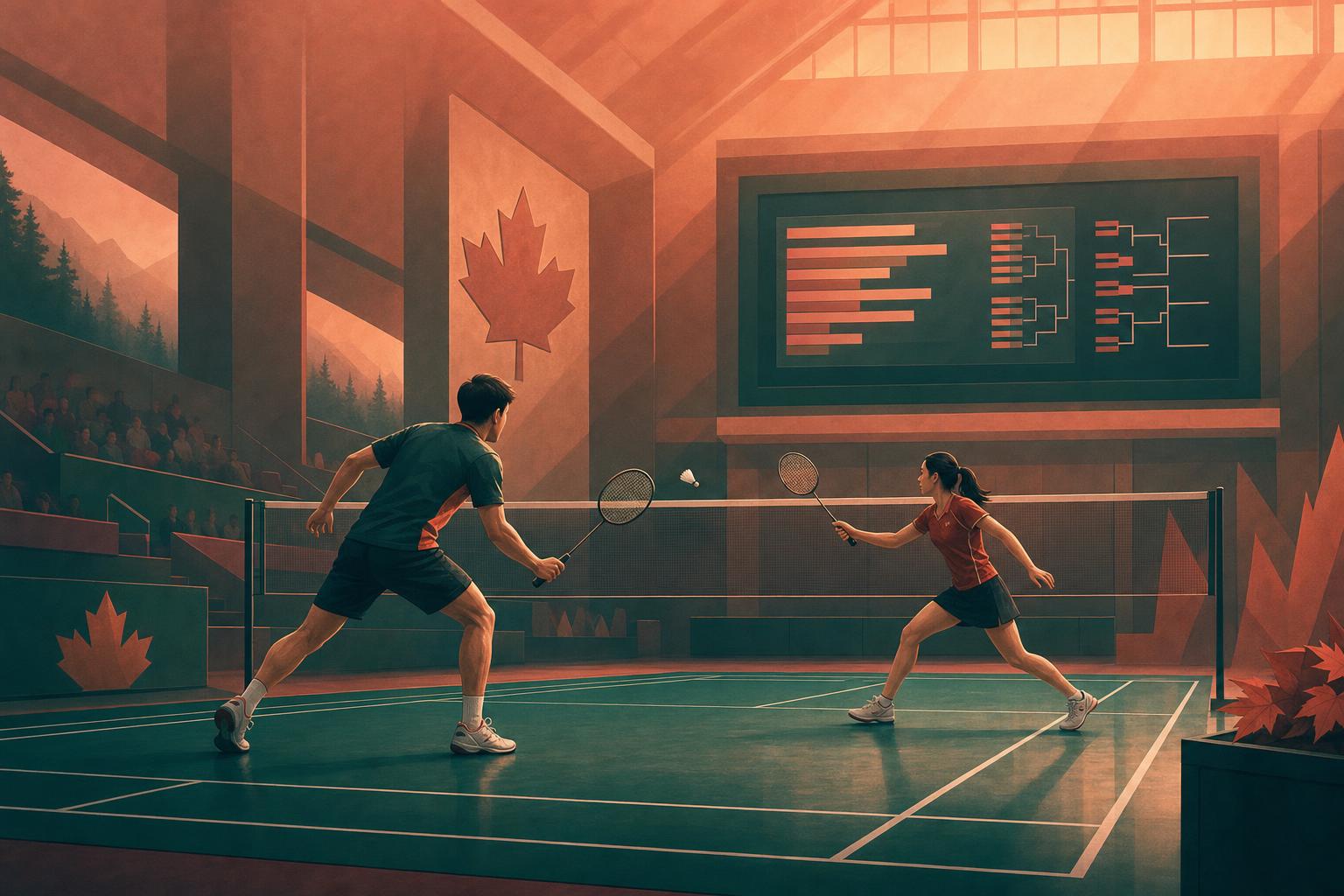 Illustrated Canadian badminton court with players and an abstract rankings board