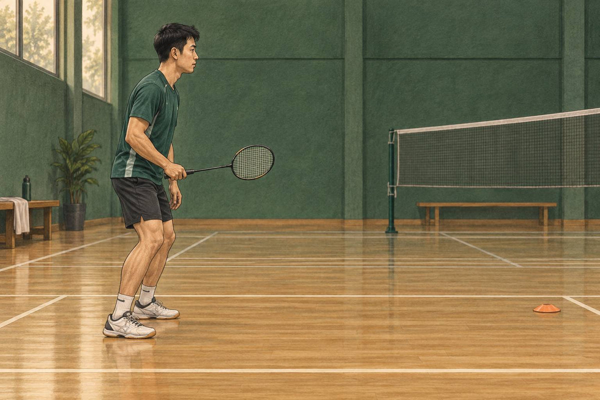Editorial profile illustration of a badminton player in a grounded ready position with space to step forward.