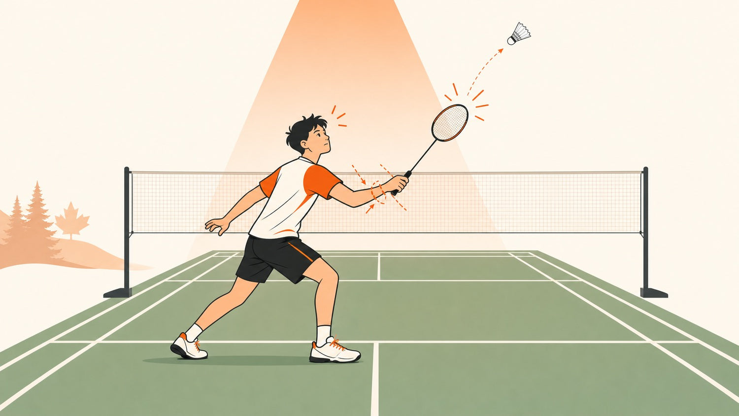 A tense badminton player overthinking a shot under pressure on a badminton court