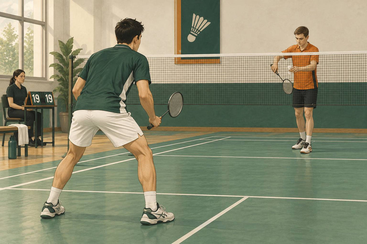 A player resets attention on the next serve during a close game.