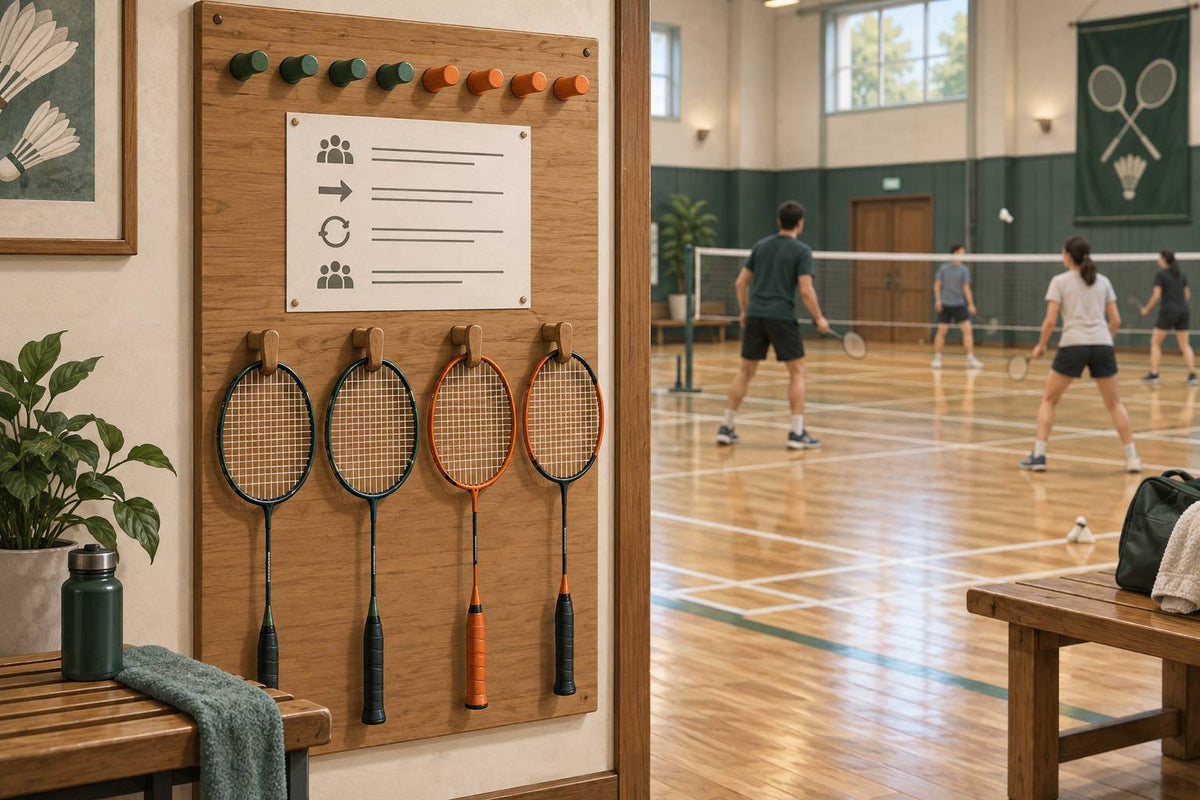 Editorial illustration of a badminton club’s pegboard, posted policy and racket rack.