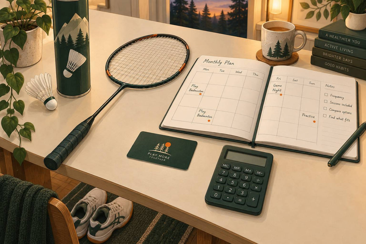 Badminton membership card, planner, calculator and playing gear.