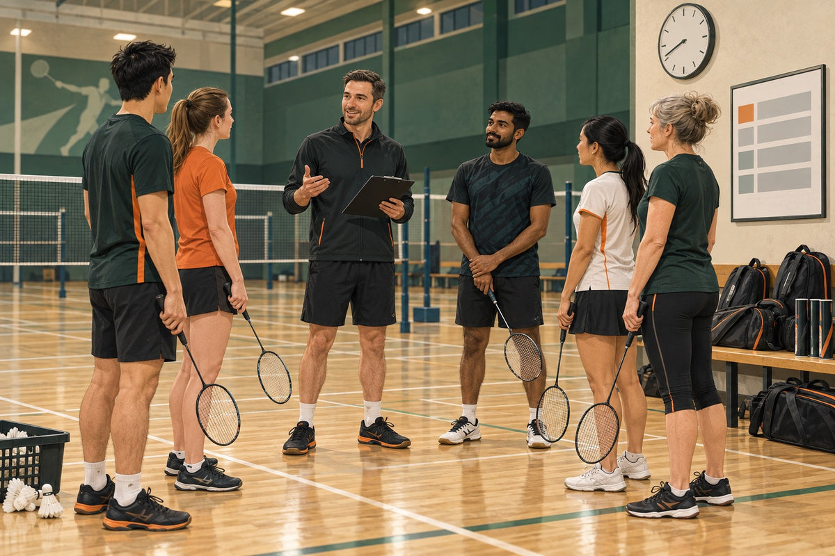 Editorial illustration of a badminton club leader briefing a small group beside courts, a clock and a session board.