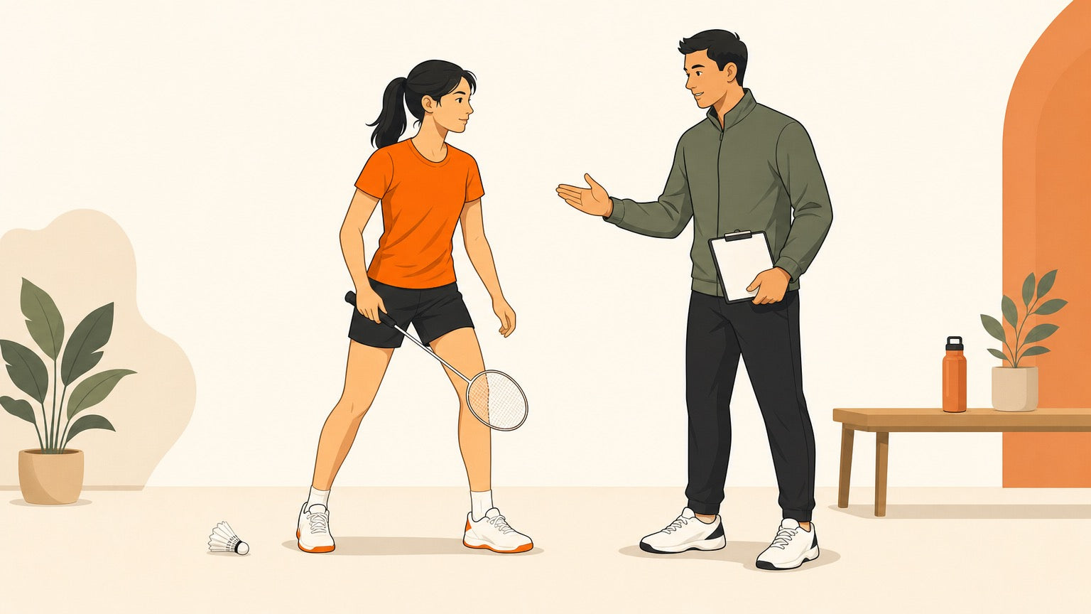 Coach giving feedback to a badminton player holding a racket in a neutral practice setting