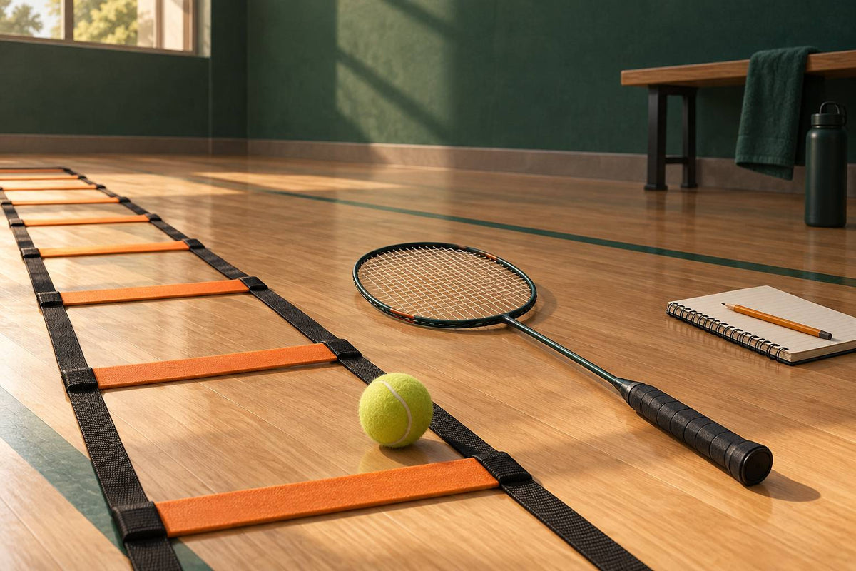Une échelle, une raquette et une balle de tennis représentent la double tâche précise étudiée chez les adolescents.