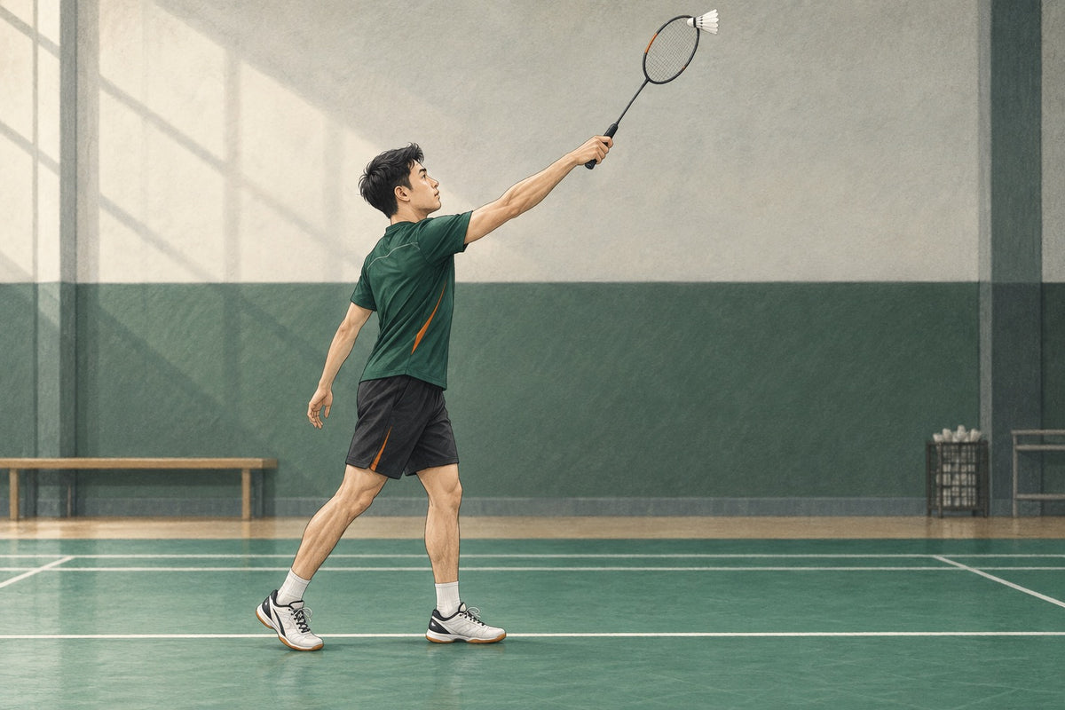 A side view shows overhead contact above and slightly in front of the racket-side shoulder