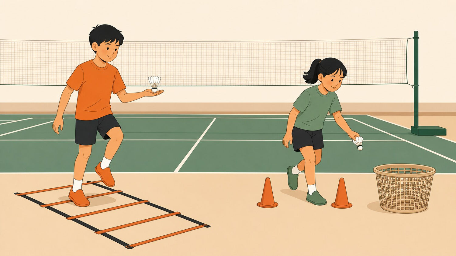 Illustration éditoriale plane de deux jeunes personnes qui jouent au badminton et réalisent un relais de coordination avec un volant, une échelle d’agilité, des cônes, un panier et un filet de badminton.