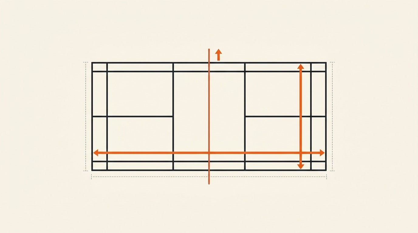 Illustrated indoor badminton court with regulation lines, net, and measuring tape