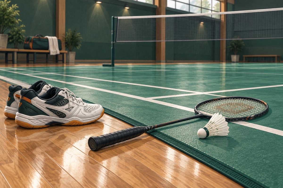 Court shoes beside a green mat and wooden floor highlight the shoe–surface contact.