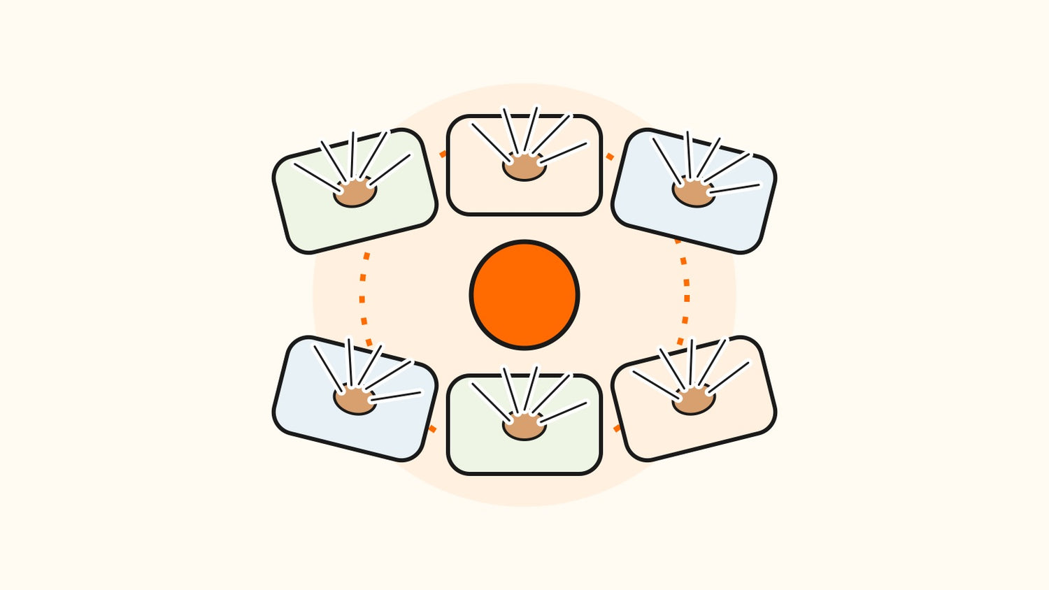 Six shuttlecocks arranged around an orange centre marker on six coloured floor-target markers
