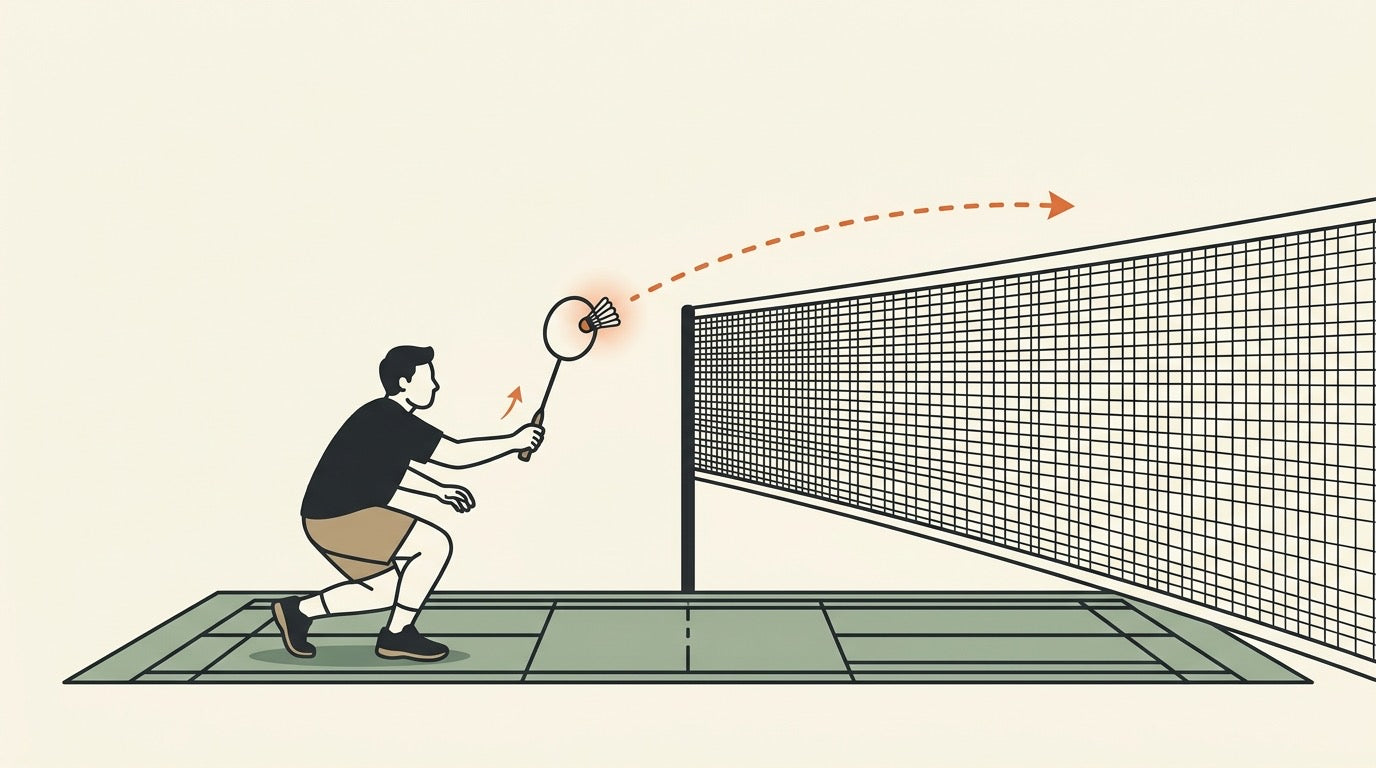Illustration of a badminton player disguising a cross-court net hook shot near the forecourt net