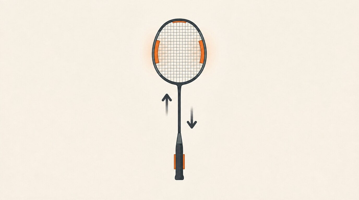Illustrated badminton racket balanced on a pivot with small tape strips on the frame and a built-up handle
