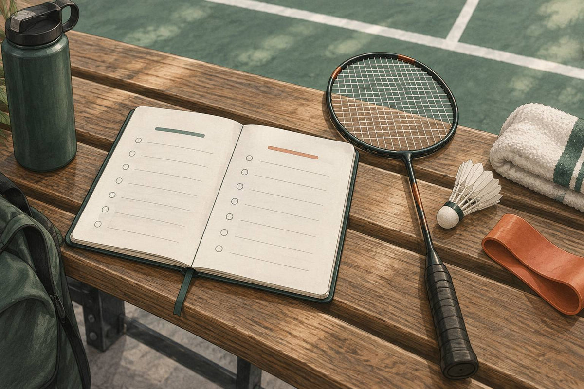 Editorial still life of a side-by-side training notebook with badminton equipment.