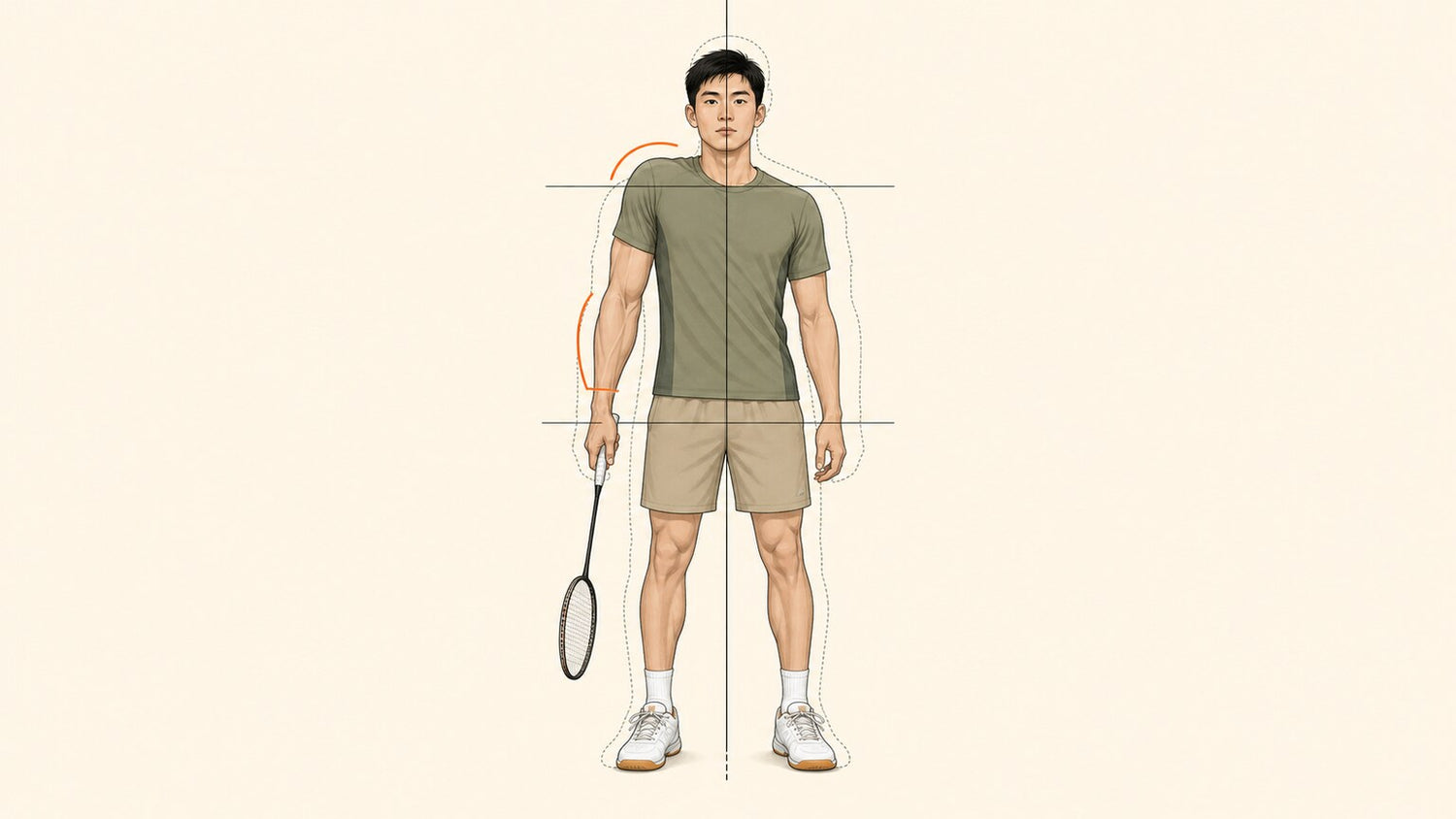 Front-view badminton athlete showing an elevated racket-side shoulder, larger forearm, and lateral posture shift against a balanced outline