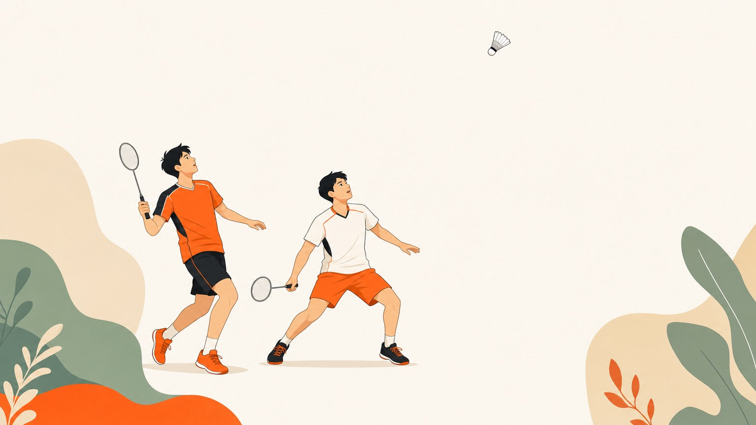 Two badminton doubles partners moving from attack into a defensive-ready shape after a lift