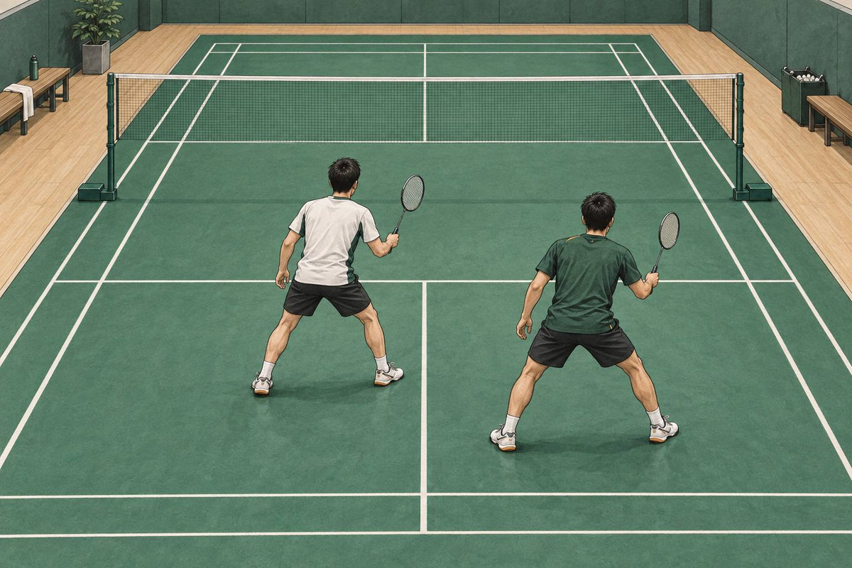 Editorial illustration of two doubles players in a settled side-by-side defensive base.