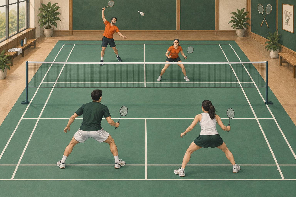 Une paire défensive partage le terrain face à une paire offensive avant-arrière, soulignant déplacements de double et coordination.