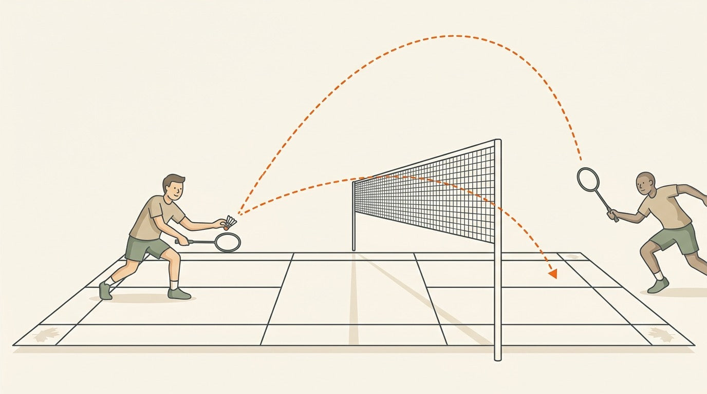 Illustration of a badminton doubles server disguising a low serve and flick serve against a receiver leaning in.