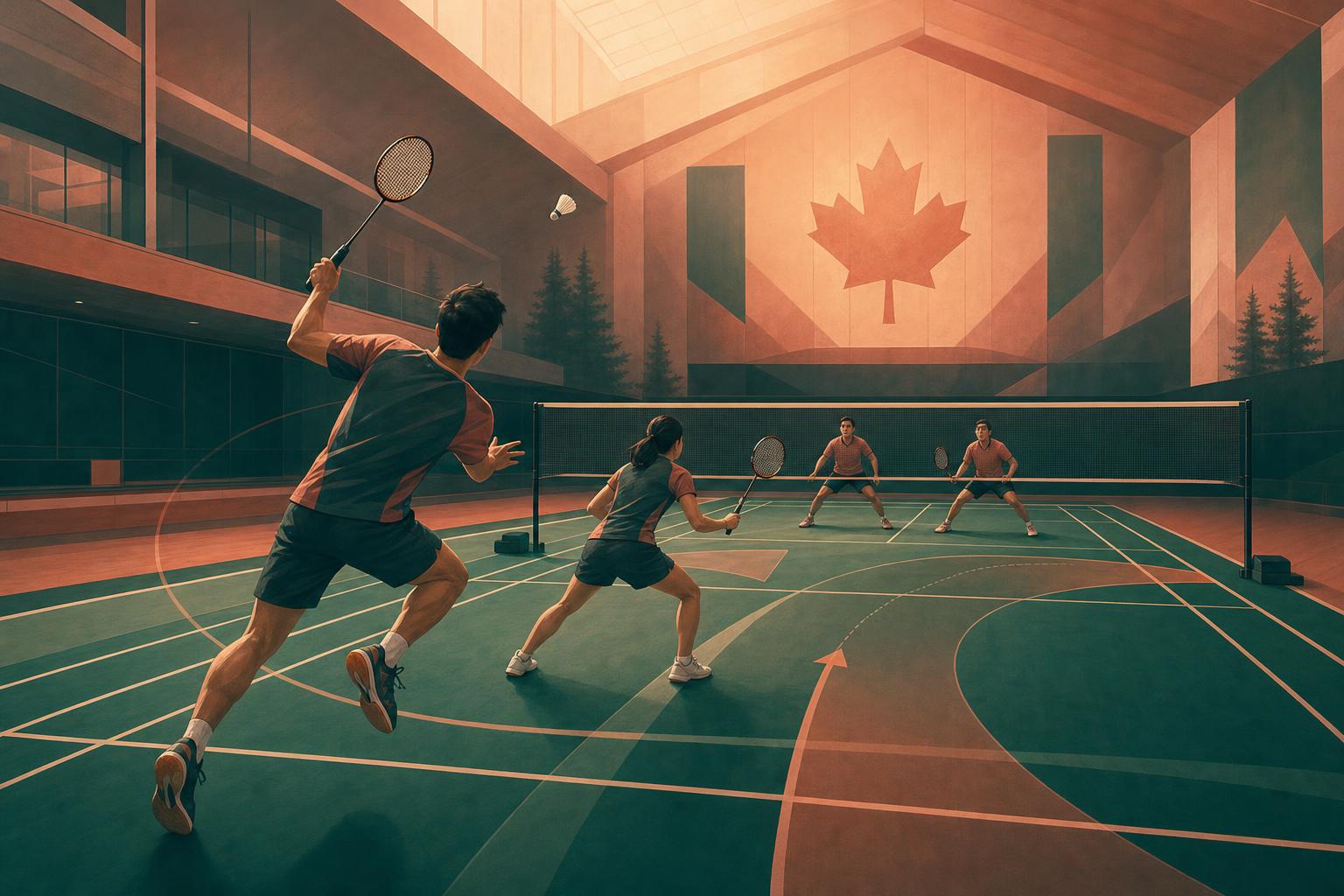 Illustration of badminton doubles players showing front-back attack and side-by-side defence positioning on an indoor court