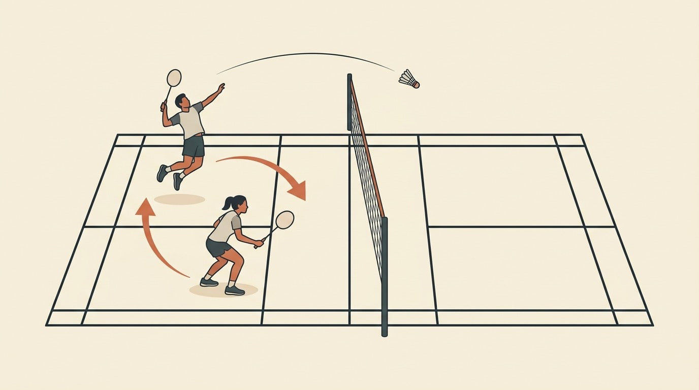 Illustration of badminton doubles players showing front-back attack and side-by-side defence positioning on an indoor court