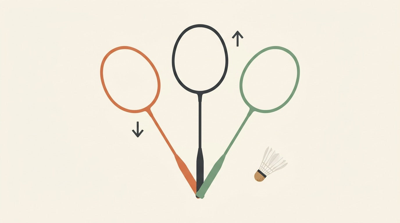Badminton rackets crossed over a doubles court with shuttlecocks near the net.